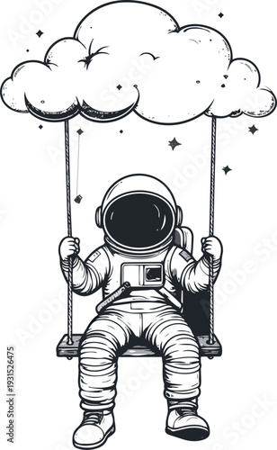 Astronaut Swinging in Space: A whimsical illustration of an astronaut joyfully swinging on a swing connected to a cloud in the vastness of space. Evoking a sense of adventure, freedom.