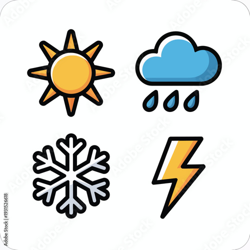 Weather forecast icon set with sun cloud rain snow lightning and seasonal climate symbols