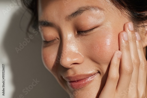 Extreme close up beauty portrait of mature woman with luminous hydrated skin touching her cheek, natural sunlight and detailed texture visible, skincare advertising concept focused on glow and skin