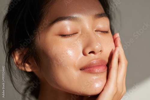 Extreme macro beauty portrait of mature woman with radiant moisturized skin and closed eyes, natural light emphasizing texture, skincare advertising concept about nourishment and skin renewal.