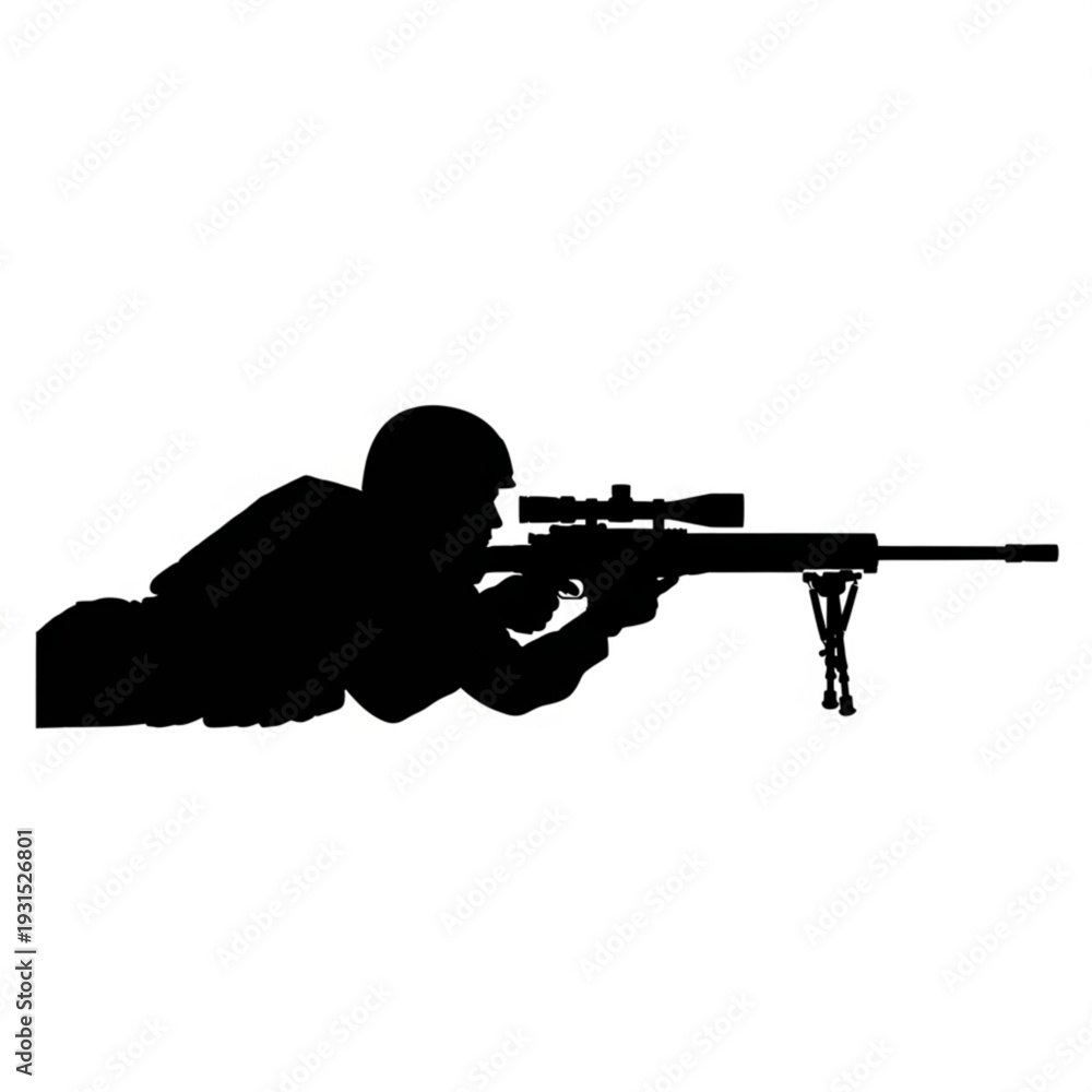 Obraz premium Black Silhouette Sniper Soldier Prone Aiming Rifle – Side Profile Vector Isolated on White