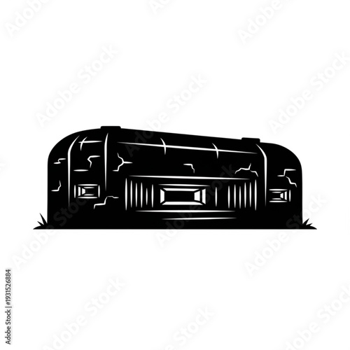 Black Silhouette Concrete Military Bunker – Solid Vector Illustration Isolated on White Background