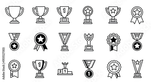Set of eighteen black and white icons representing sports awards including trophies medals and winner podiums for victory.