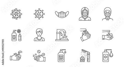 Comprehensive set of fifteen medical and hygiene line icons for covid protection featuring masks and hand washing steps.
