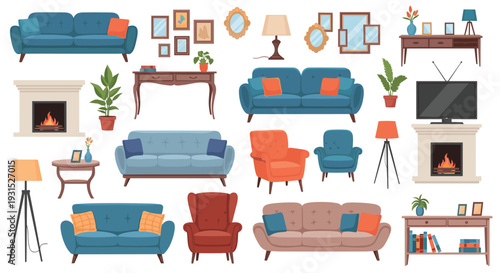 Comprehensive collection of living room furniture and decor items including sofas armchairs lamps fireplaces and plants.