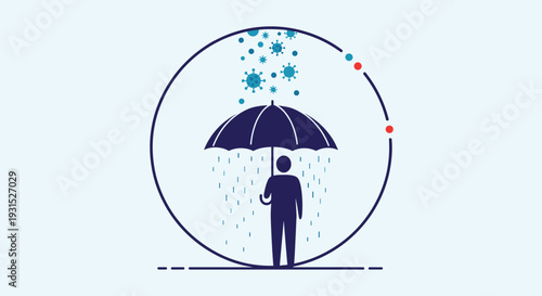 Conceptual illustration of a person being protected from falling viruses by a sturdy blue umbrella within a safe circle.