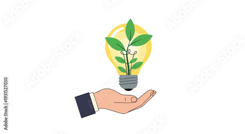Conceptual illustration of a hand holding a light bulb with a green plant inside representing green energy and sustainable ideas.