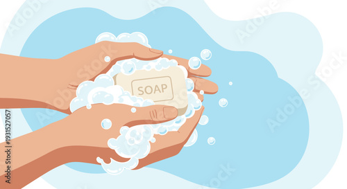 Illustration of hands washing with a bar of soap creating plenty of white bubbles to promote personal hygiene and cleanliness.