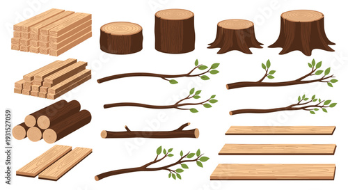 Comprehensive collection of wood elements including logs planks tree stumps and leafy branches for forestry and timber industries.