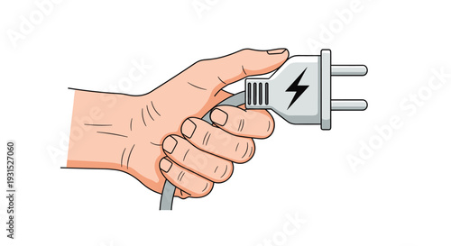 Close up illustration of a human hand holding a power plug with a lightning bolt symbol representing electricity and energy connection.