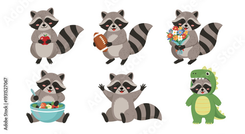 Set of cute raccoon character illustrations in various playful poses and costumes for children s books and nursery decor.
