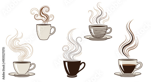 Set of steaming coffee and tea cup illustrations with different designs representing hot beverages and cafe culture.
