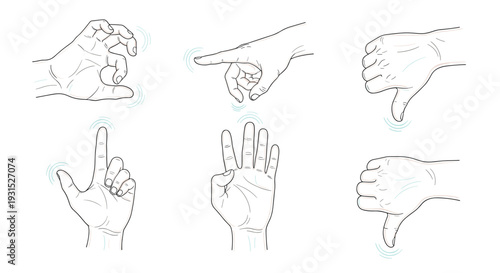 Set of hand drawn human hand gesture sketches including pointing pinching and thumbs down for communication and sign language.
