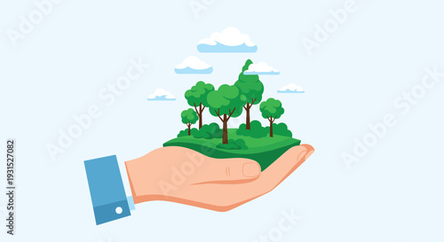 Conceptual illustration of a human hand protecting a small forest island representing environmental conservation and planetary care.