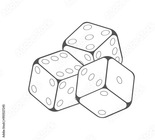 A clean illustration of three classic six-sided dice. The dice are rendered in a minimalist style with clear lines and distinct dots.