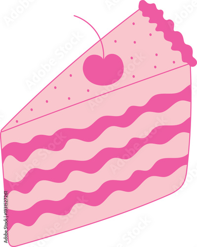 A hand-drawn slice of wedding and celebration cake. A whimsical vector illustration of a dessert in doodle style. A flirty confection.