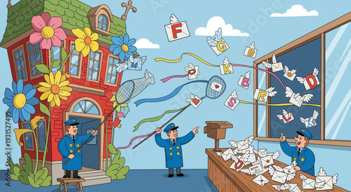 Postal workers delivering mail and packages with a whimsical touch.