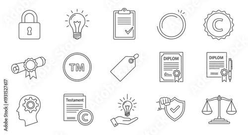 outline vector icons illustrating intellectual property copyright patent and legal concepts for business and educational materials.