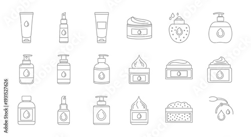 vector line art icons depicting various skincare and beauty product containers with drops ideal for cosmetic branding and marketing.