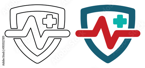 Healthcare shield icons depicting medical health and vital signs