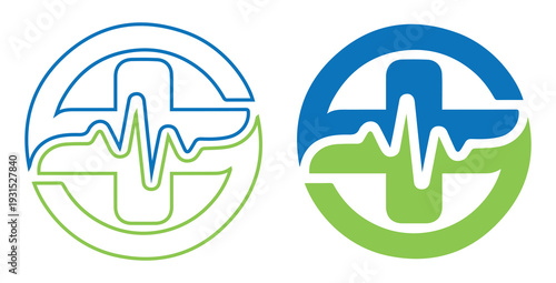 Two medical icons featuring a cross and heartbeat line design