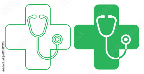 Two green medical crosses with stethoscopes one outlined and one solid