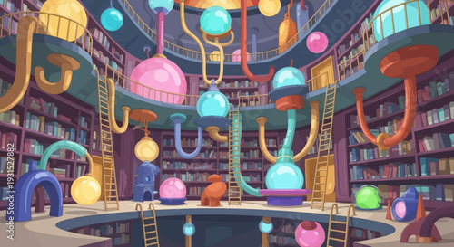 Whimsical Library Interior with Colorful Futuristic Elements.