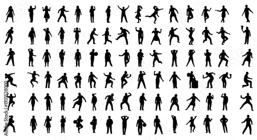dynamic collection of diverse human silhouettes in various active poses and everyday actions perfect for design resources