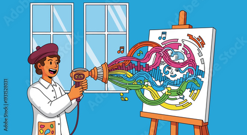 Artist spraying colorful creativity onto a canvas with a unique spray gun.