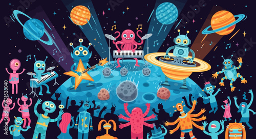 Alien Band Playing Music in Outer Space Concert.