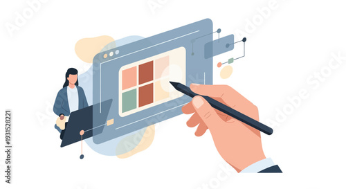 Hand Holding Stylus Near Digital Tablet.