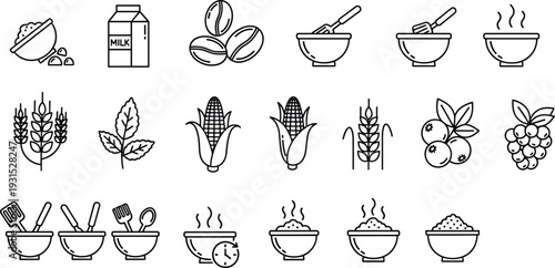 Cooking and food ingredient icon set, milk, grains, fruits, bowls, kitchen utensils, healthy meal preparation symbols, minimalist line vector illustration collection