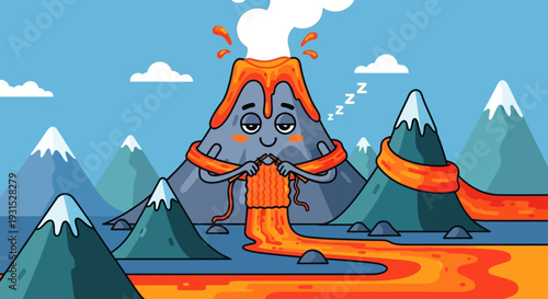 Cartoon Volcano Erupting Lava with Sad Face.