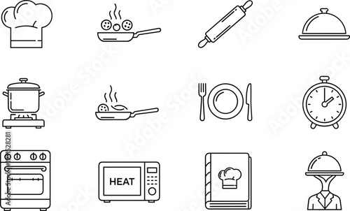 Cooking and kitchen utensil icons set, chef hat frying pan oven microwave plate timer recipe symbols, restaurant food preparation tools, line style vector illustration