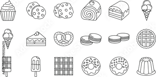 Dessert and bakery icons set, cupcakes, cookies, cakes, donuts, ice cream, chocolate, sweets collection, pastry and confectionery vector illustration