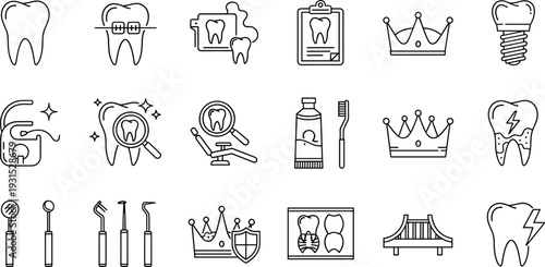 Dental and oral healthcare line icon set featuring teeth, braces, implants, dental crowns, toothpaste, x-rays, floss, dentist tools, and professional mouth hygiene symbols.