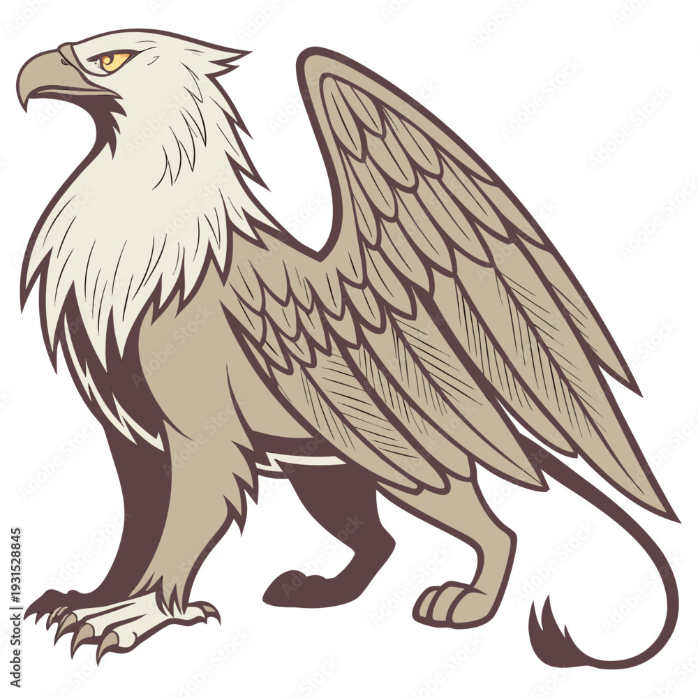 Obraz premium Majestic Griffin Illustration: A detailed illustration of a griffin, a mythical creature, showcasing its avian and leonine features in a striking pose.