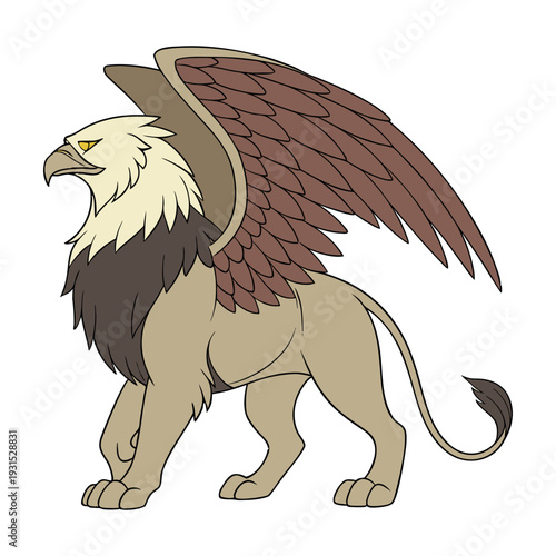 Majestic Gryphon Illustration: A regal Gryphon, with a fierce gaze and magnificent wings, stands poised with an air of authority and mystery.