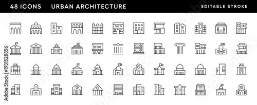 Urban architecture icon collection. Modern building, downtown, city building, residence, cityscape, skyline and more. Editable stroke. Pixel Perfect. Grid base 32 x 32.