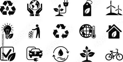 Eco friendly sustainability and renewable energy icon set, recycling, green technology, climate protection, environmental awareness, electric transport, clean living, vector illustration collection