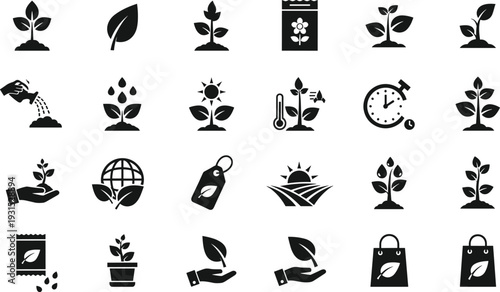 Eco gardening and plant growth icon set featuring seedlings, leaves, watering, farming, organic products, sustainability symbols, minimalist vector illustration for environmental design