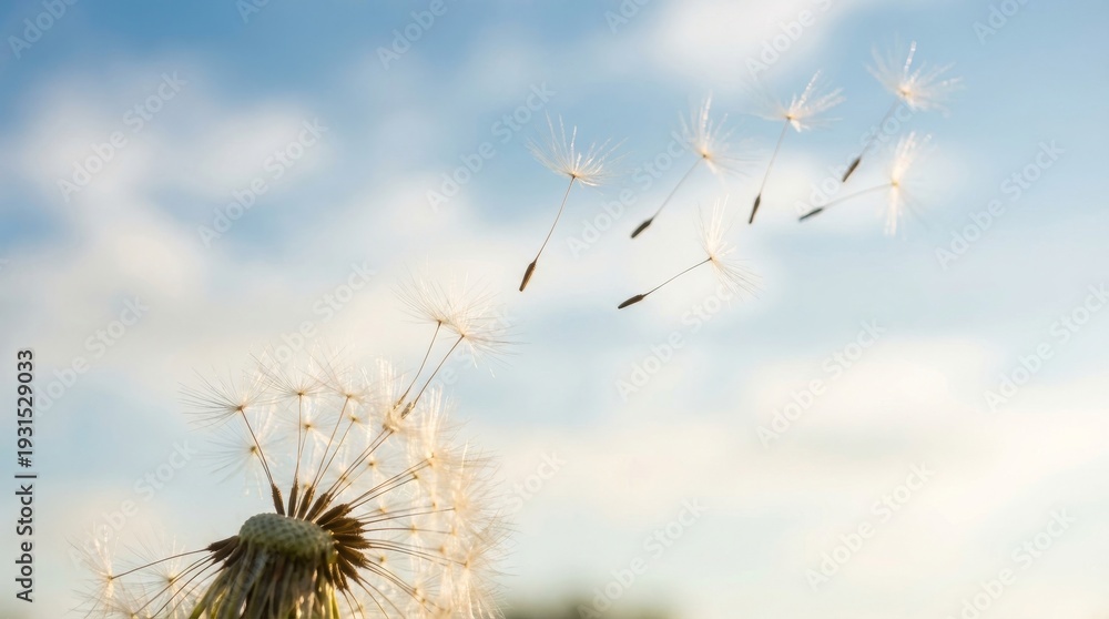 Obraz premium Dandelion seeds carried by the wind against the sky