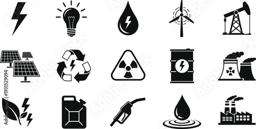 Energy and power icons set, renewable and fossil fuel symbols, electricity, solar, wind, oil, nuclear, recycling, eco industry vector illustration