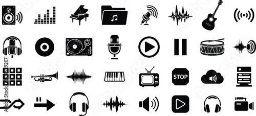 Collection of black and white audio music icons and symbols