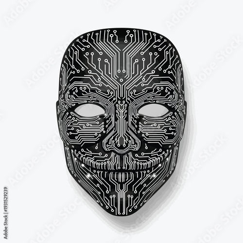 A digitally crafted mask, intricately designed with circuit board patterns, symbolizes the complex interplay of technology, anonymity, and cybersecurity in our modern connected world.