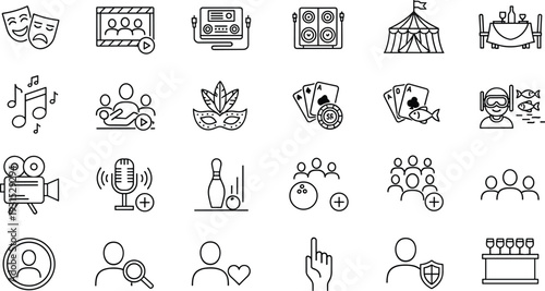 Entertainment and media outline icon set, theater masks, video player, music symbols, circus tent, casino cards, bowling, podcast microphone, social interaction vector collection