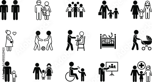 Family and parenting icons set, parents, children, baby care, pregnancy, childcare, education, health, social relationship silhouette illustration isolated on white background
