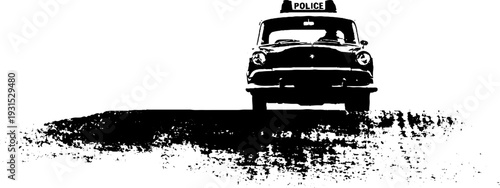 High contrast stencil art of vintage police car with light bar for retro design projects