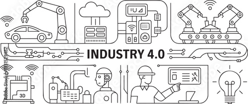 Industry 4.0 concept showing industrial automation, smart manufacturing, and robotic factory processes
