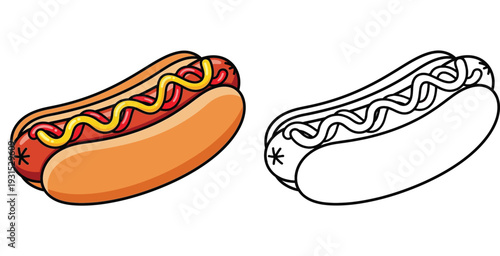 Cartoon hot dog vector illustration with ketchup and mustard, featuring both colored and black and white line art coloring page versions.